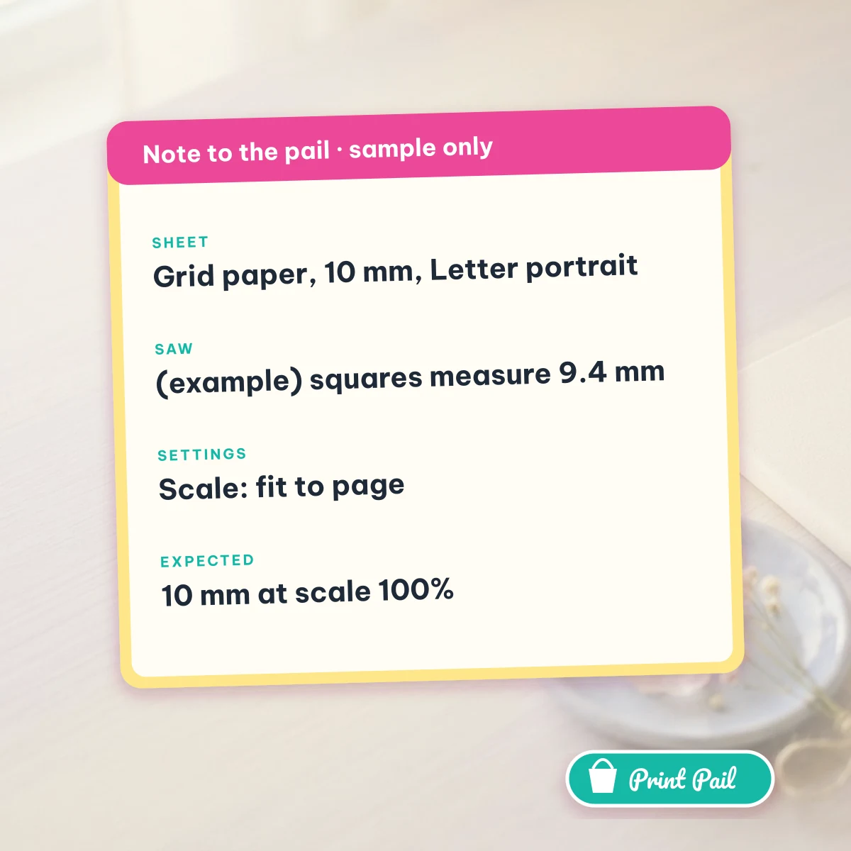 Example report: grid paper at 10 mm, printed with scale set to fit to page, squares measure 9.4 mm