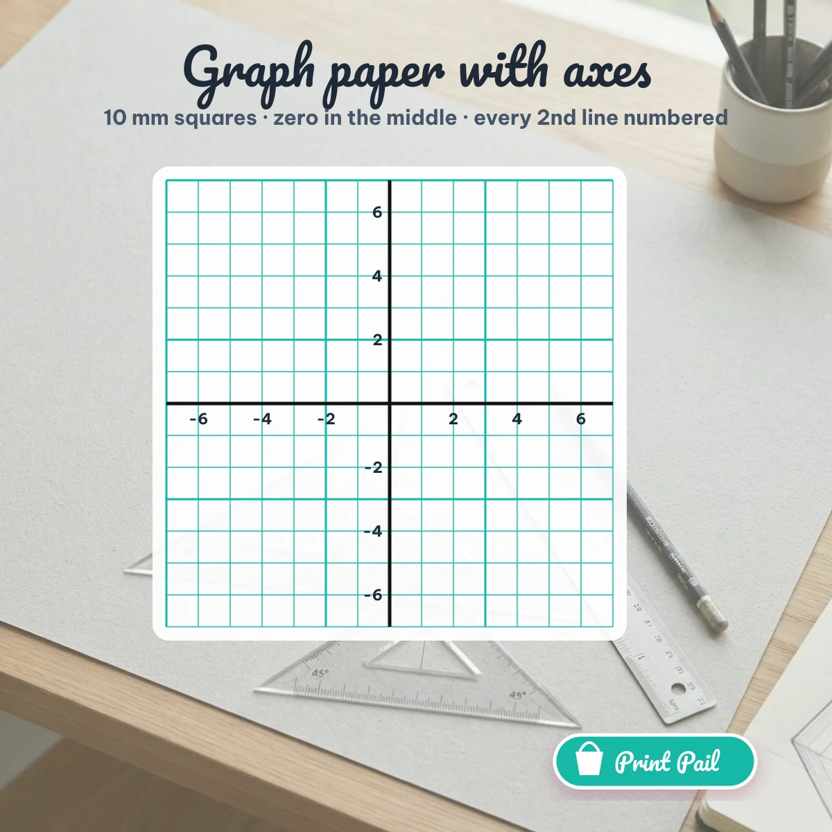 Graph paper with numbered axes: 10 mm squares, zero in the middle, every second line numbered