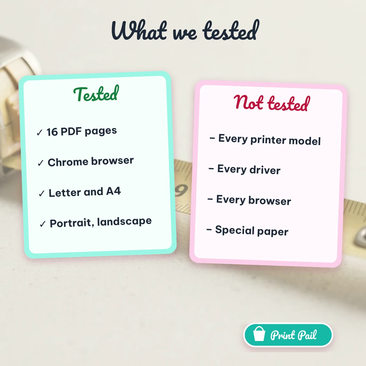 What Print Pail tested: 16 PDF pages in Chrome, Letter and A4; and what it did not test: every printer, driver, browser and special paper