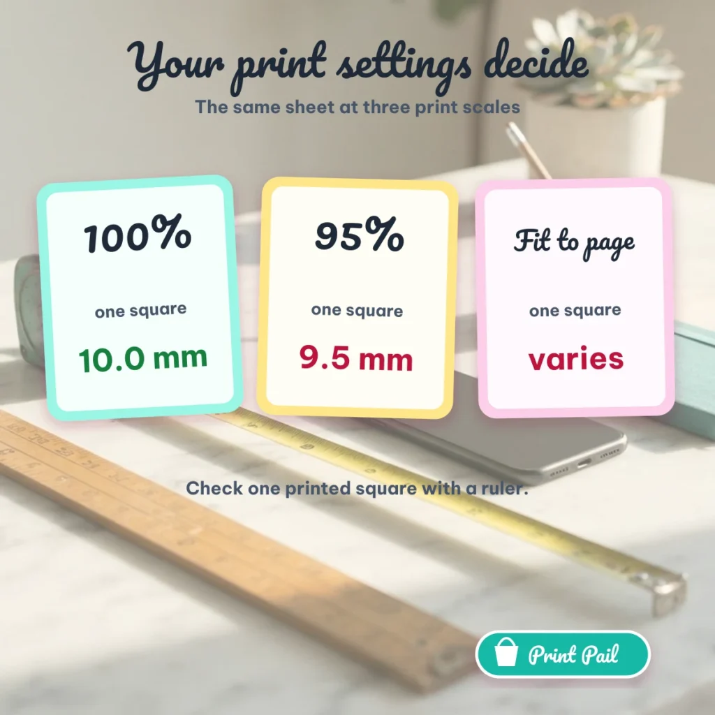 Three cards showing one printed square at 100 percent print scale, 95 percent and fit to page: 10.0 mm, 9.5 mm and varies
