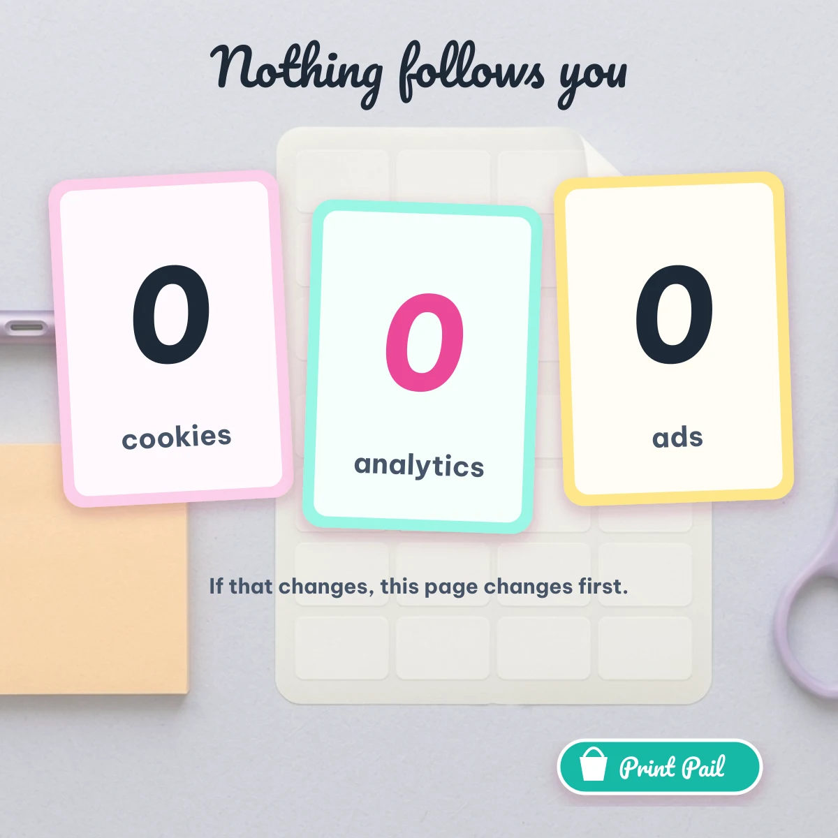Print Pail sets zero cookies, runs zero analytics and shows zero ads