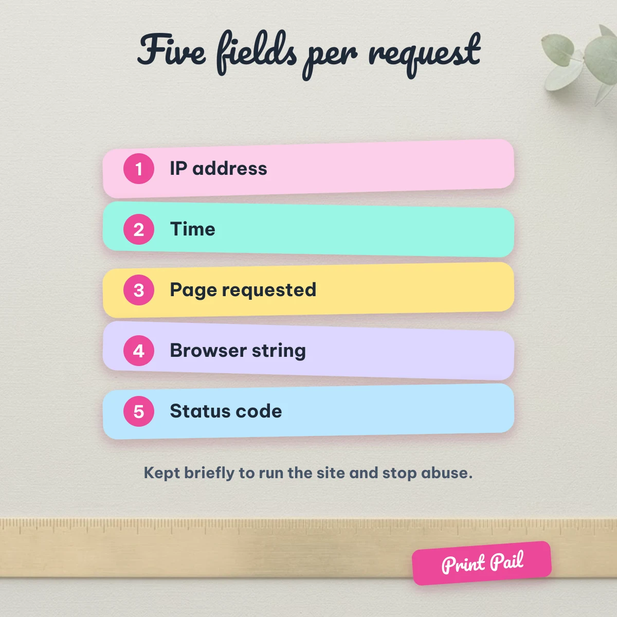 The five fields in a server log line: IP address, time, page requested, browser string, status code