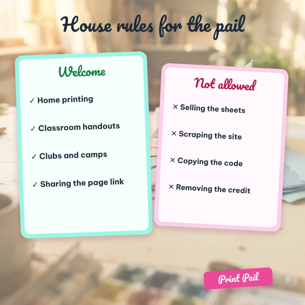 Print Pail terms of use: printables for home and class